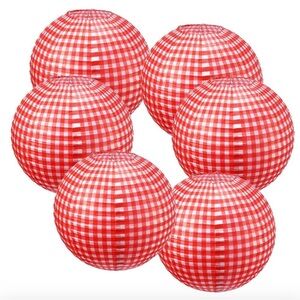 Red check paper lanterns Picnic Party Decorations Round Hanging 12 in 6 pc. NWT